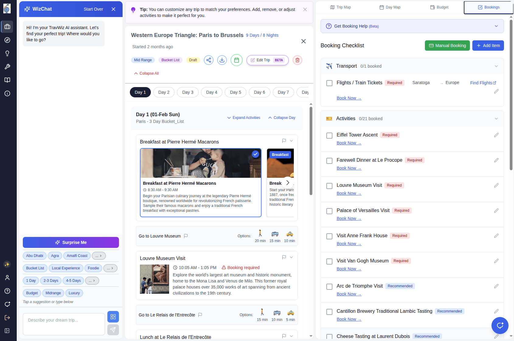 TravWiz booking checklist — never miss a required booking
