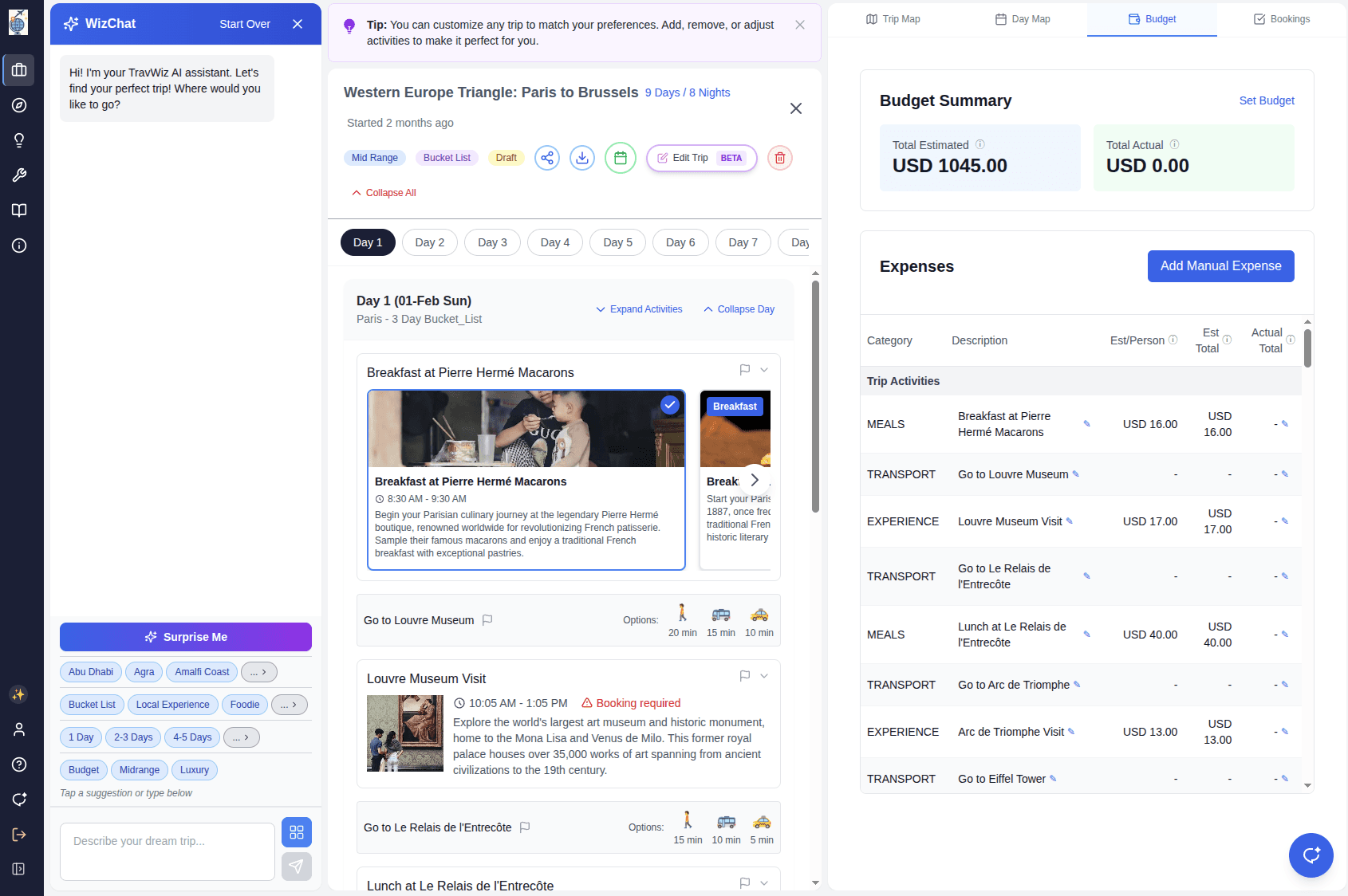 TravWiz budget tracker — estimated vs. actual spend per activity