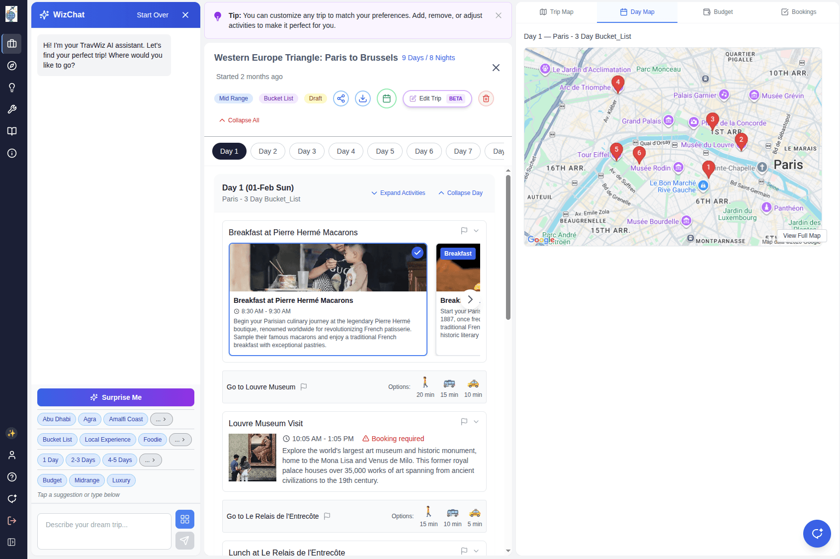 TravWiz day map — see your daily route at a glance